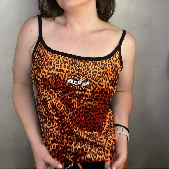 Harley-Davidson Tops - Vintage Retro Harley-Davidson Tank Top Cheetah Print Velvet Orange Black Medium